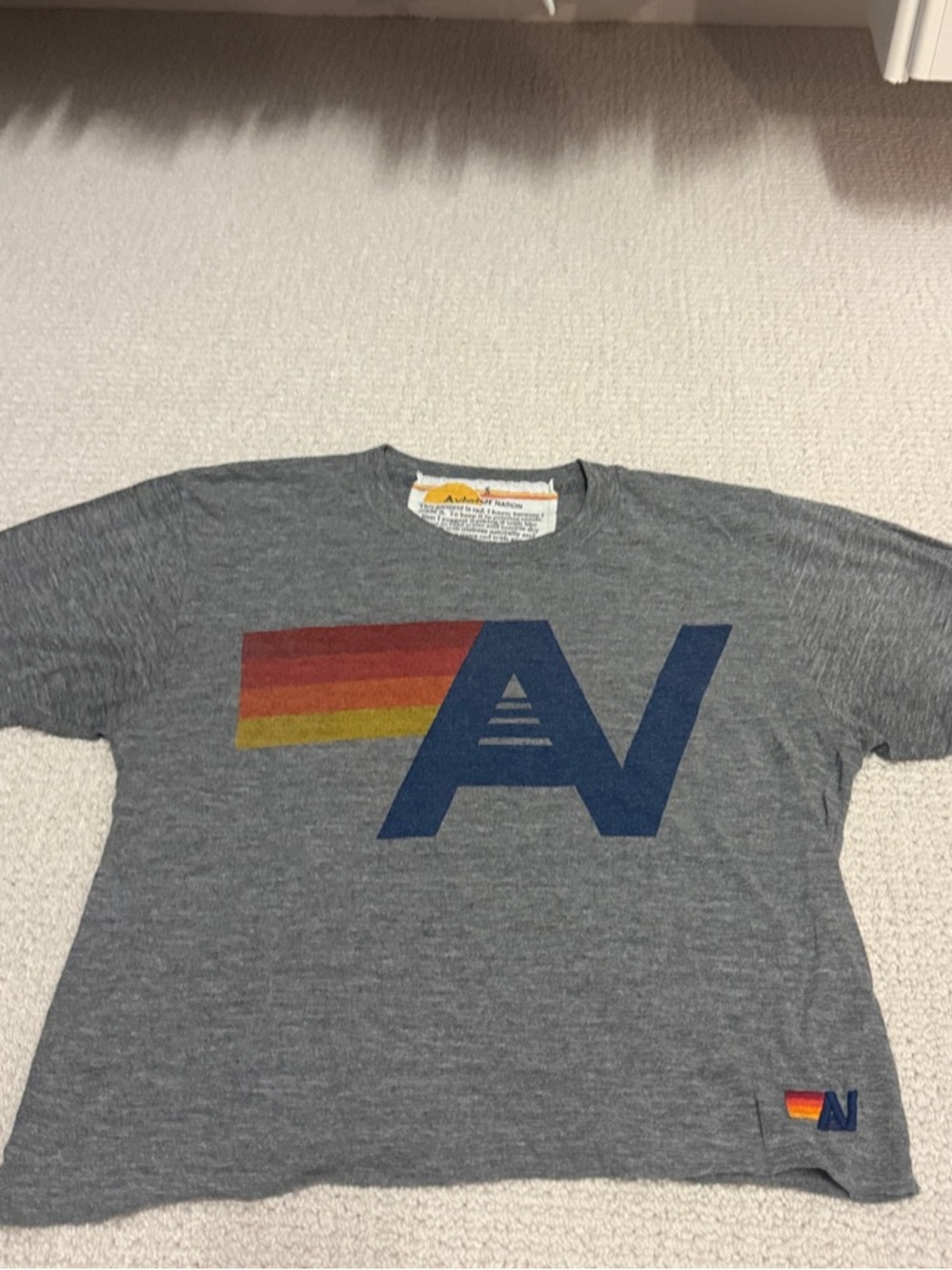 Aviator Nation Gray Tee with Navy 'AV' Logo and Sunset Stripe